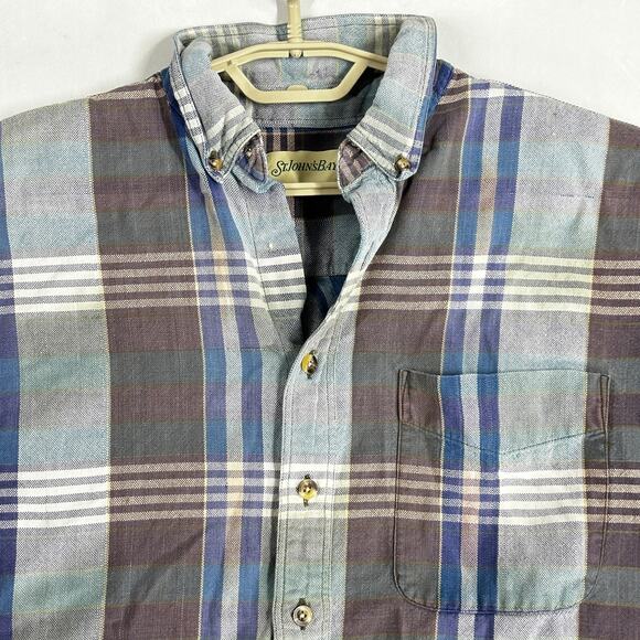St Johns Bay Button Up Shirt Men Size L Green Blue Plaid Long Sleeve FLAW - Picture 3 of 7